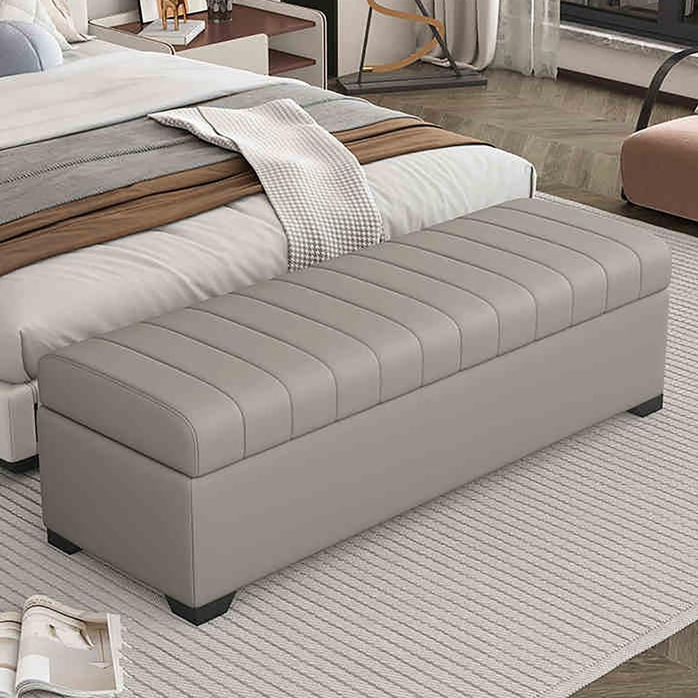 Storage Bench with Large Storage, Entryway Upholstered Storage Ottoman, End of Bed Storage Bench with Safety Hinge, Ottoman with Storage for Bedroom Living Room Entryway(Light Gray,150x40x40cm)