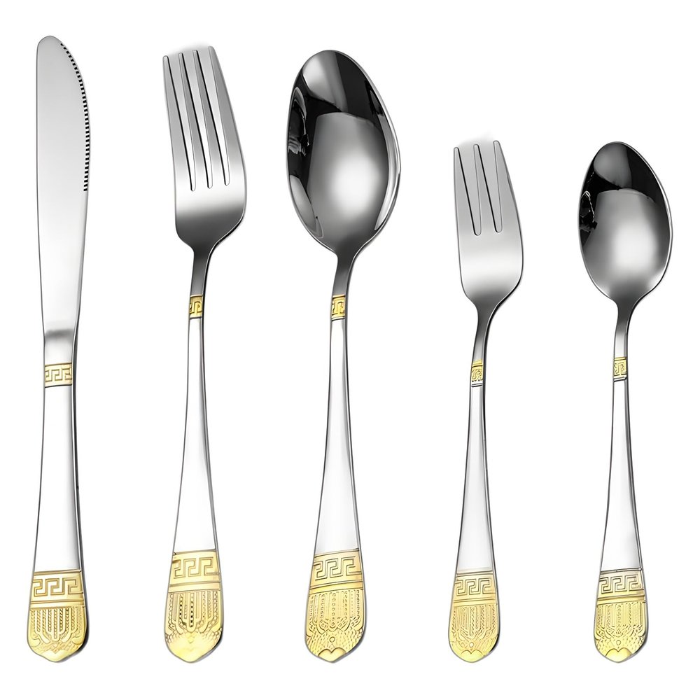 SEELLODGE Silverware Flatware Cutlery Set, 5/20/30/40/50/60 Pieces Stainless Steel Tableware Spoons And Forks Retro Dinner Knife And Fork Spoon Hotel Steak Knife And Fork Set(5 Piece set for 1)