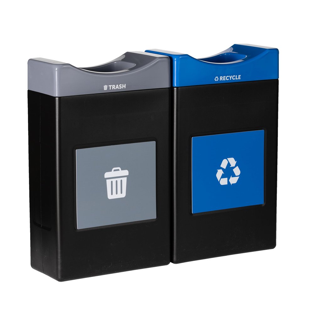 Commercial Zone Avante Series Made in The USA, Black Dual-Stream, Trash and Recycling Center,2-30-Gallon Shallow Units, Open Top, Liners Included
