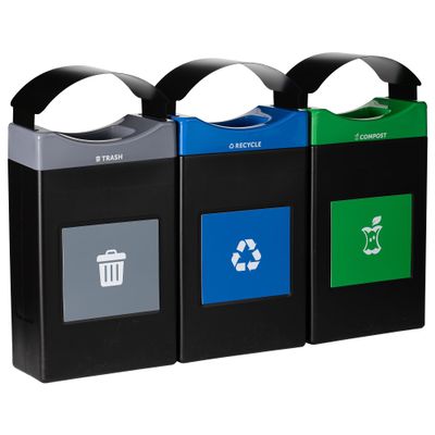 Avante Series Made in The USA, Black Triple-Stream,Trash, Recycling and Compost Center, 3-30-gallon Shallow Units, Black Canopy, Liners Included