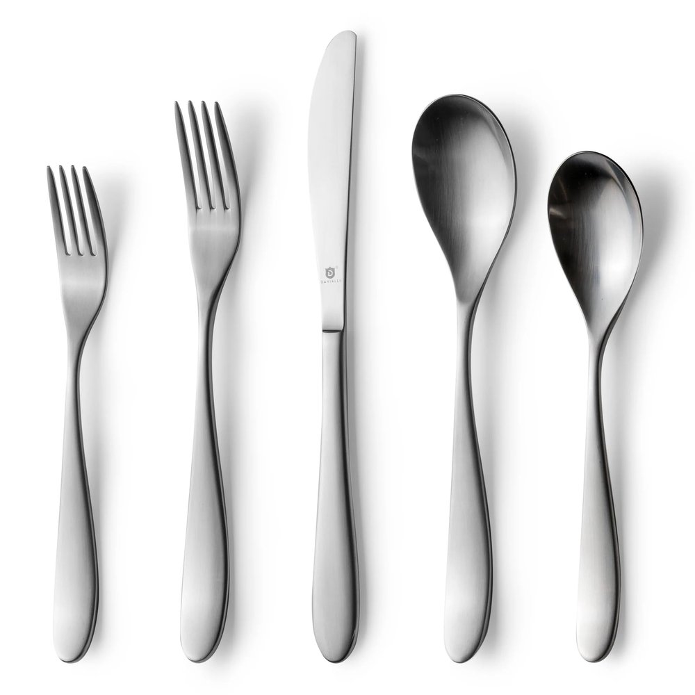 Danialli Matte Silverware Set, 18/10 Stainless Steel Satin Flatware, Modern Brushed Finish Cutlery, Dishwasher Safe & Durable, Built to Last (40-Piece, Marettimo)
