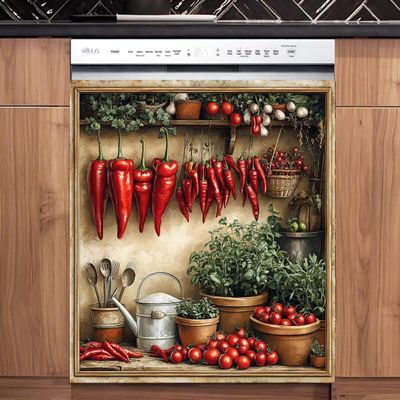 Country Retro Kitchen Shelves Dishwasher Door Panel Decal, Peppers Fridge Cover Panel Refrigerator Sticker, Tomatoes Vinyl Decal for Dishwasher Cover (23" x 26" Ordinary)