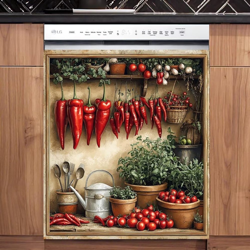 Country Retro Kitchen Shelves Dishwasher Door Panel Decal, Peppers Fridge Cover Panel Refrigerator Sticker, Tomatoes Vinyl Decal for Dishwasher Cover (23" x 26" Ordinary)