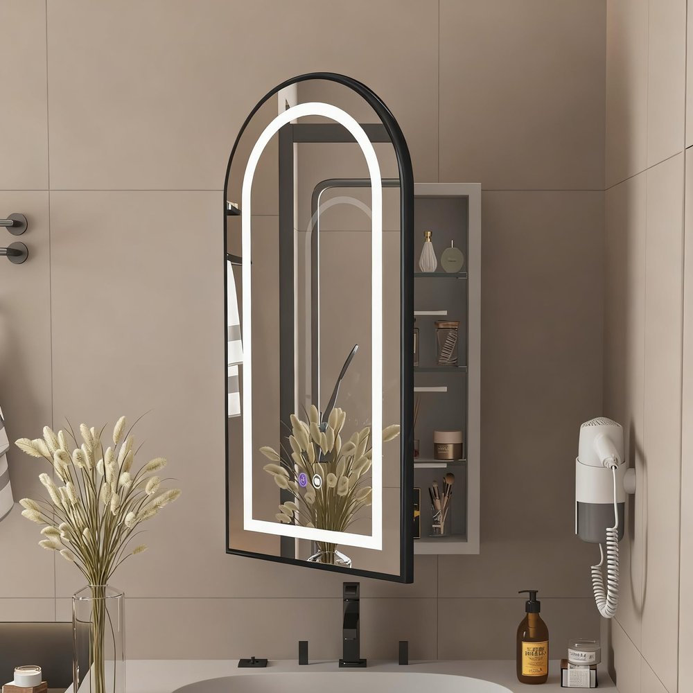 Etemnozon Arched Medicine Cabinet with Light,Recessed Lighted Led Medicine Cabinet Mirror with Storage for Bathroom,Stainless Steel Metal Framed Rectangular Bathroom Cabinet with Mirror 20x36''
