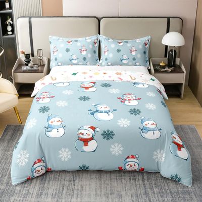 100% Cotton Cartoon Snowman Duvet Cover Winter Snowflake Decor Rustic Style Bedding Set for Kids Boys Girls Teens Cute Graffiti Merry Christmas Quilt Cover,2 Pillowcases(No Comforter) Full Size 3 Pcs