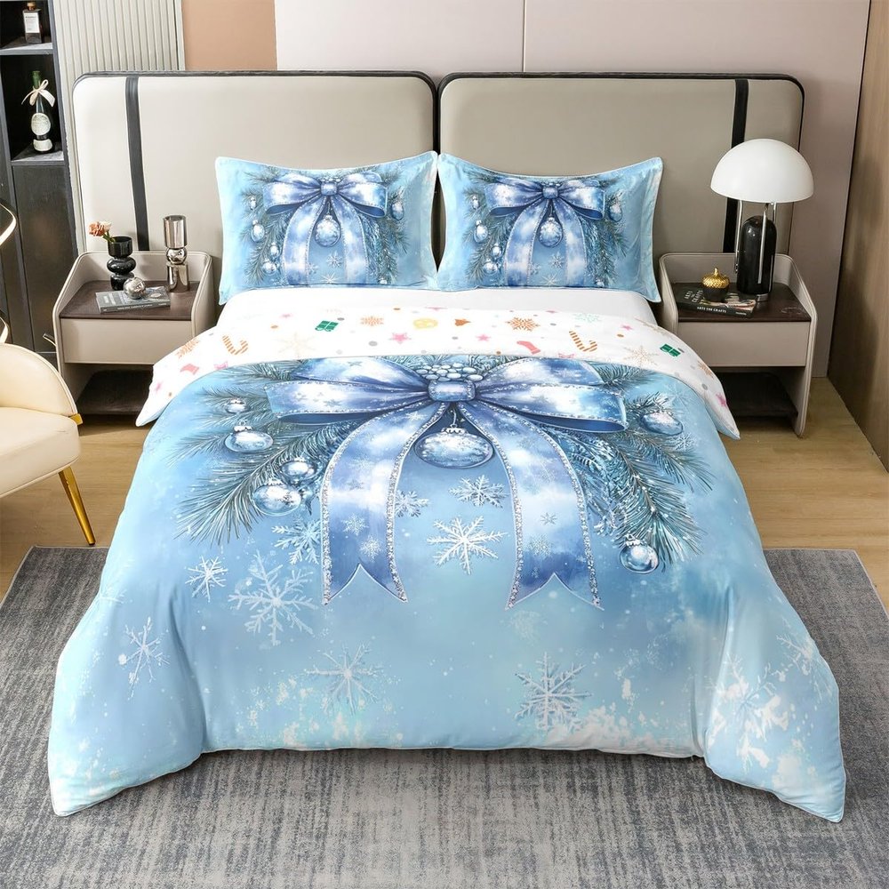 100% Cotton Christmas Duvet Cover 3D Blue Tie Dye Bowknot Print Bedding Set for Kids Teens Adults Botanical Leaves Winter Snow Gradient Graffiti Decor Quilt Cover,2 Pillowcases(No Comforter) Full Size