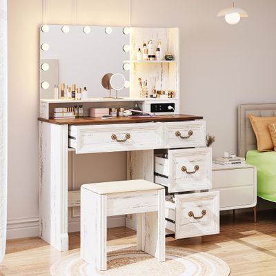 Lareth Vanity Desk with Mirror Light and Power Outlet, Farmhouse Makeup Table Set with Stool, 3 Color Adjustable Lights Bedroom Dressing Table with 4 Drawer for Women Girls Teen, Antique White