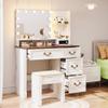 Lareth Vanity Desk with Mirror Light and Power Outlet, Farmhouse Makeup Table Set with Stool, 3 Color Adjustable Lights Bedroom Dressing Table with 4 Drawer for Women Girls Teen, Antique White view 1