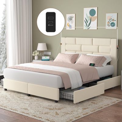 VECELO Queen Upholstered Bed Frame with 4 Storage Drawers, with Type A & C USB Charging Station and Velvet Headboard, No Box Spring Needed, Easy to Assemble, Beige