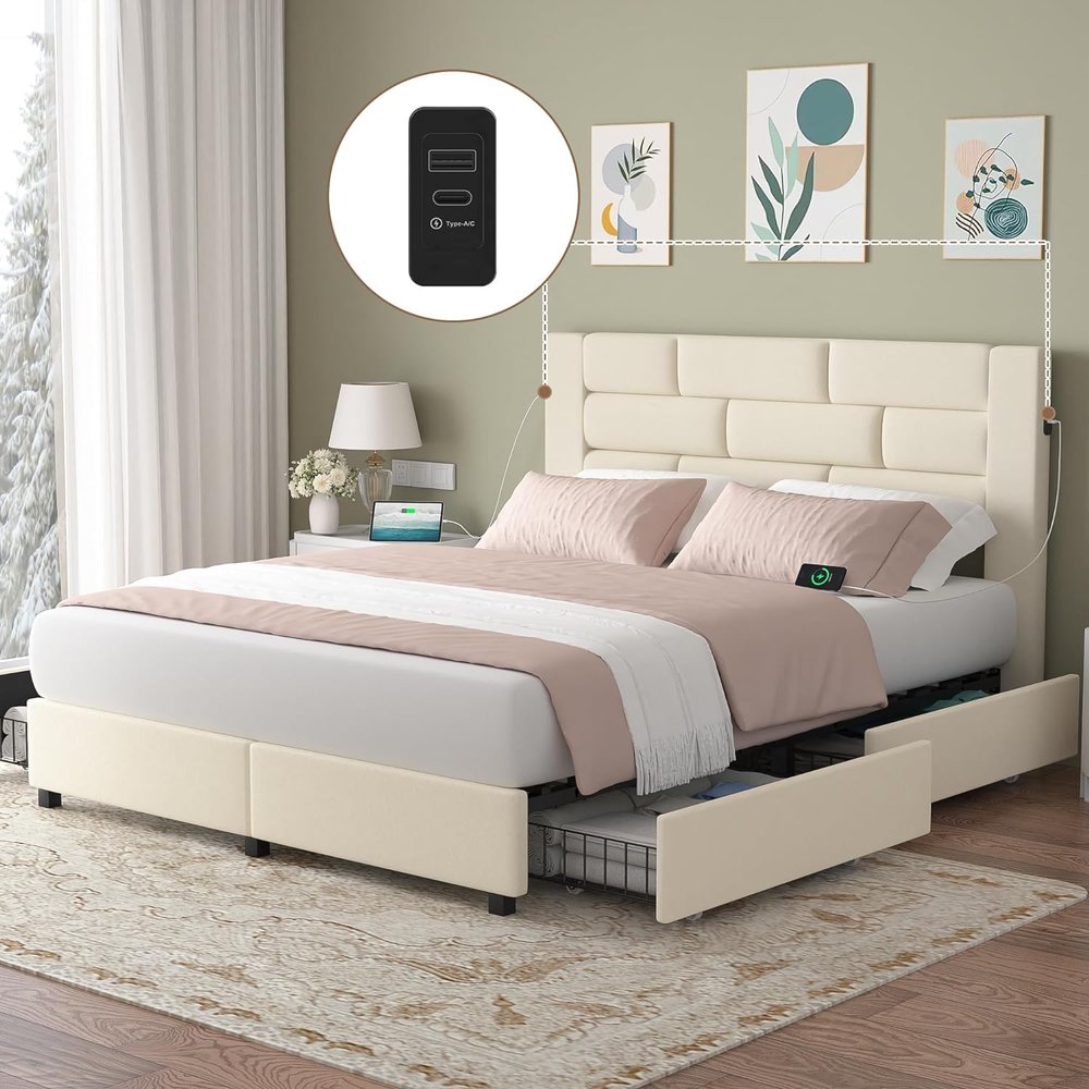 VECELO Queen Upholstered Bed Frame with 4 Storage Drawers, with Type A & C USB Charging Station and Velvet Headboard, No Box Spring Needed, Easy to Assemble, Beige