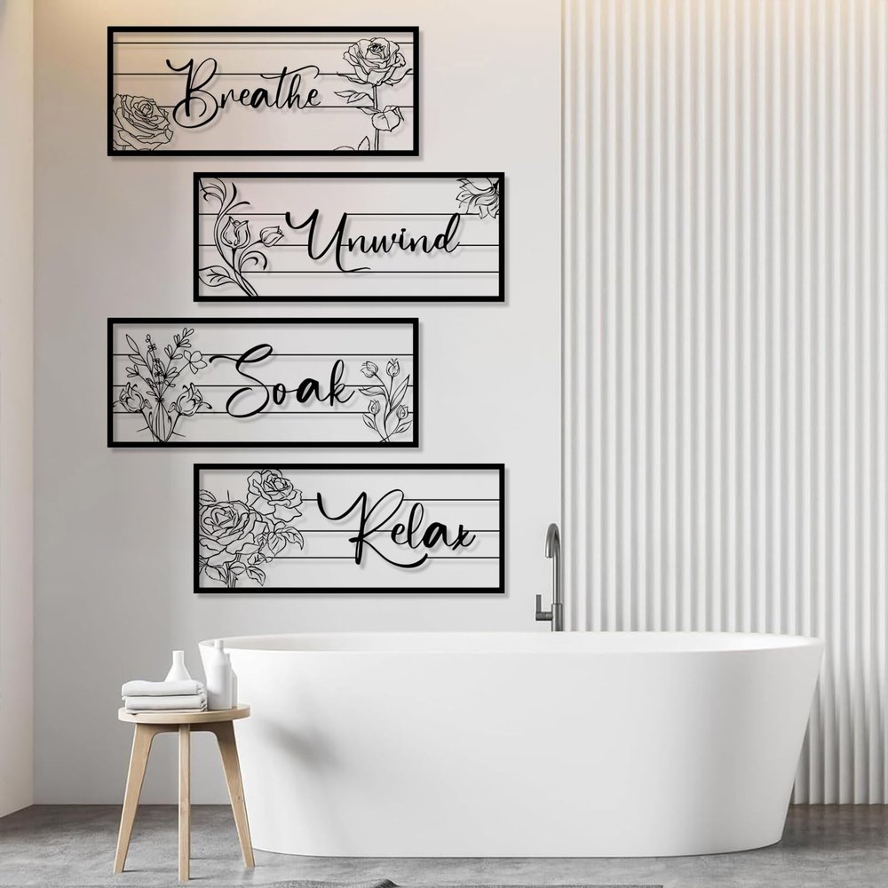 4 Pcs Metal Wall Art, Relax Soak Unwind Breathe Metal Sign, Relax Soak Unwind Breathe Metal Wall Decor, Flowers Wall Decor, Words For Wall Decor, Bathroom Wall Art, Spa Bathroom Decor (Black, 48"x20"|121x50cm)