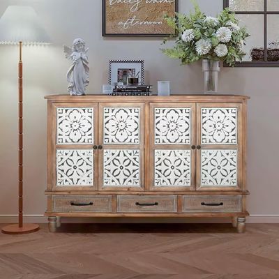 59.06" Chic Natural Wood Carved Floral Accent Cabinet,4 Doord 3 drawers Sideboard Buffet with Adjustable Shelves,Stylish Storage for Living Room, Kitchen,and Dining, Easy Assembly,Durable MDF,Natural
