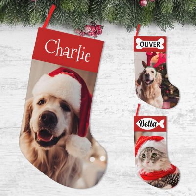 Personalized Dog Photo Christmas Stockings 18'' Custom Pet Cat Stockings Christmas with Name Picture Customized Xmas Stockings Decoration Gifts for Christmas Tree Family Friends