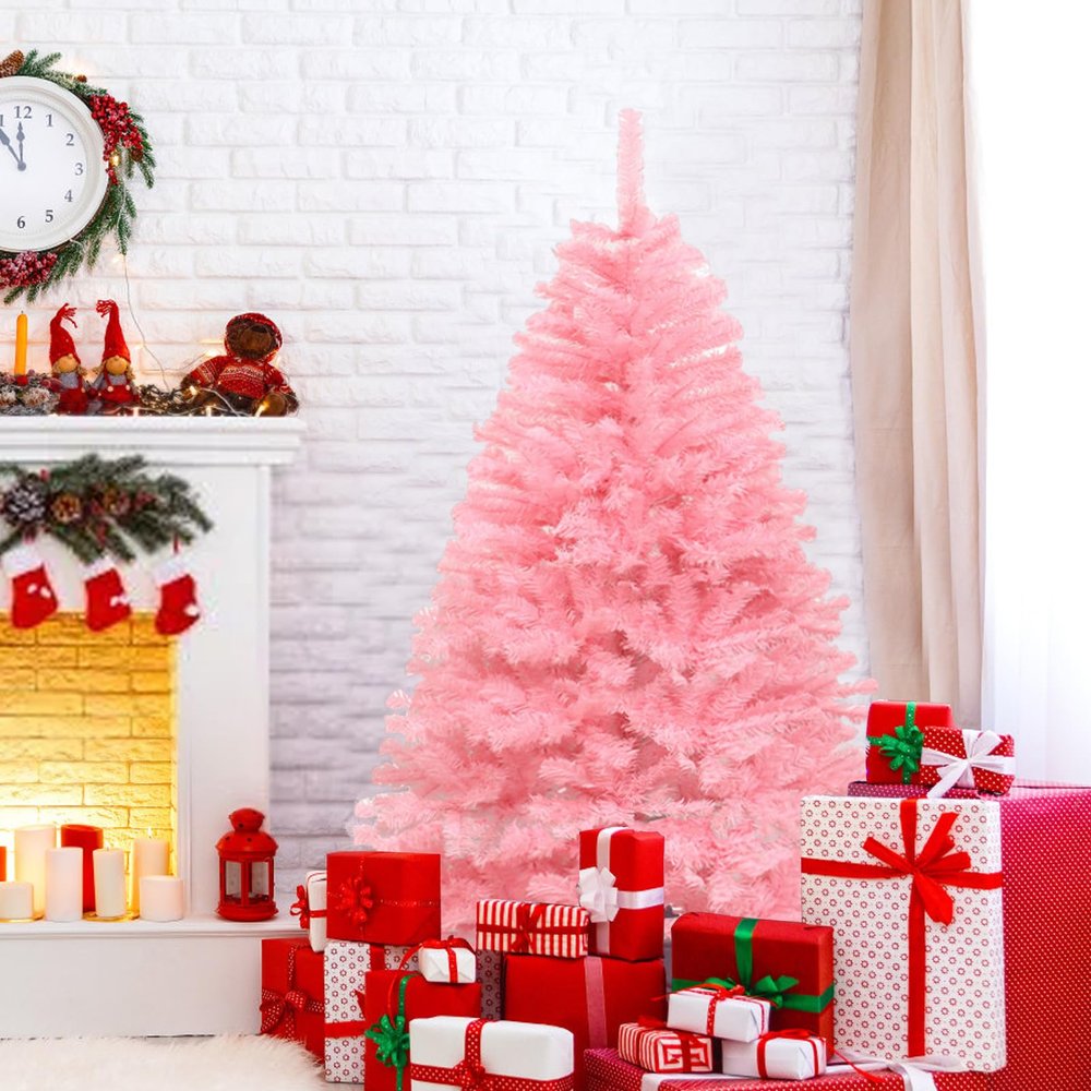 6FT Artificial Christmas Tree, White Flocked Christmas Tree with Dense Branches, Snow Flocked Holiday Xmas Pine Tree with Iron Base, for Home, Office, Party Decoration, Arbol de Navidad (6FT-Pink)
