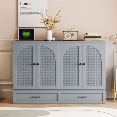 JIJIWANG Full Size Murphy Bed with Charging Station and Large Drawers,Rattan Mobile Cabinet Bed,Wood Wall Bed Murphy Bed Space-Saving Folding Murphy Bed for Guest Bedroom, Living Room,Gray