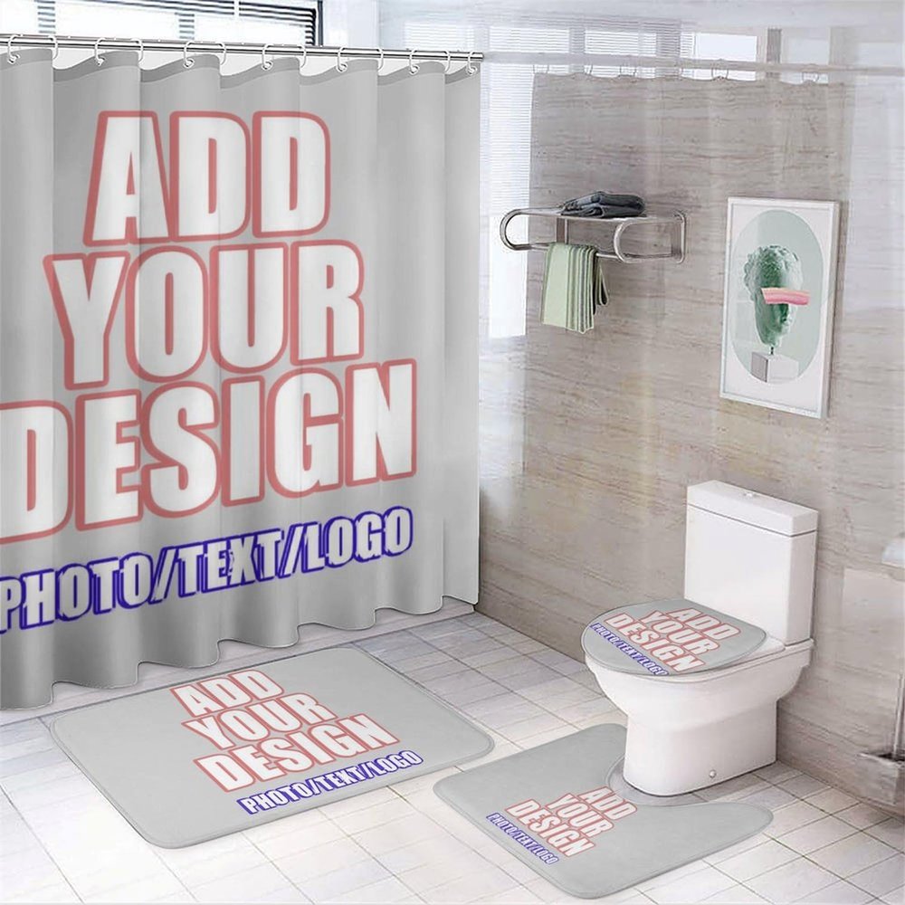 Custom Bathroom Christmas Decorations Set With Your Image Text Logo Personalized Shower Curtain And Rugs Washable Non-Slip Bath Mat, Toilet U-Shaped Floor Mat And Toilet Lid Cover Mat Style10