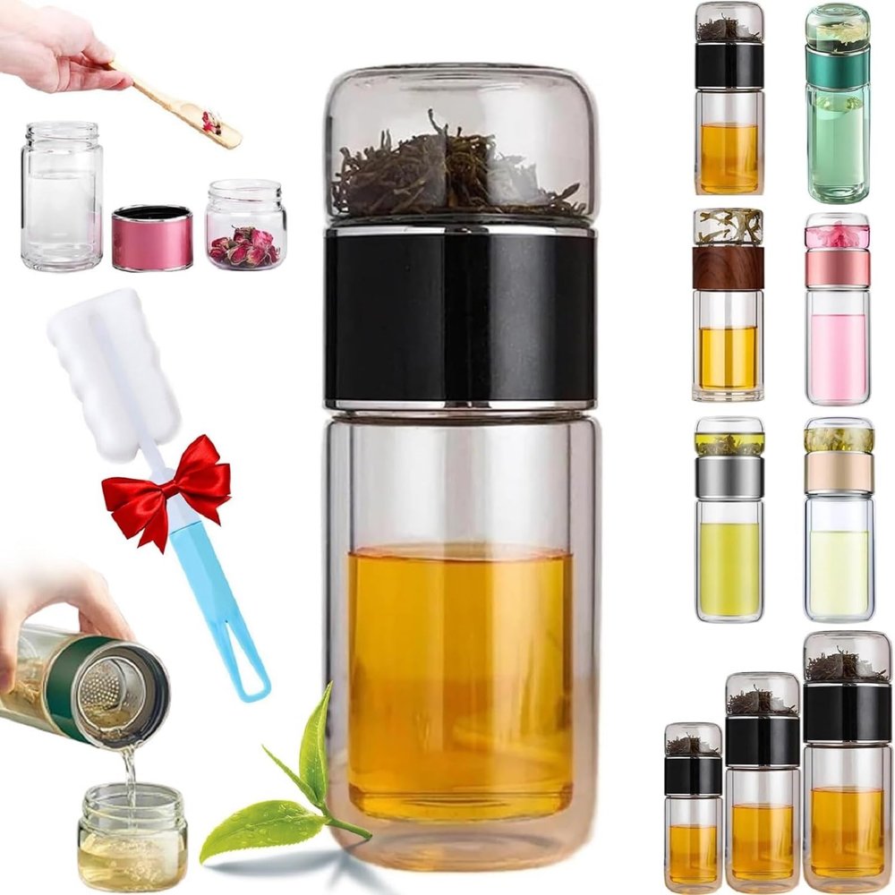 2025 New Glass Tea Infuser, Tea Infuser, 3 in 1 Smart Tea Maker with Insulated Hand Clip and Cup Brush, Portable Tea and Water Separation Tea Cup for Loose Leaf Tea, Double Glass (Black, 9.5 oz)