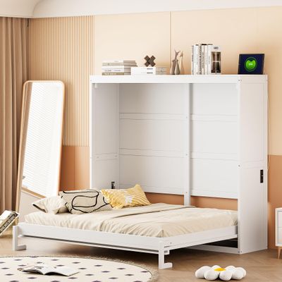 Aiuyesuo Full Size Murphy Bed with Charging Station, Wood Space-Saving Wall Bed Frame can be Folded, Cube Cabinet Bed Chest for Kids Adults Bedroom Guest Room Home Office (White-sy, Full)