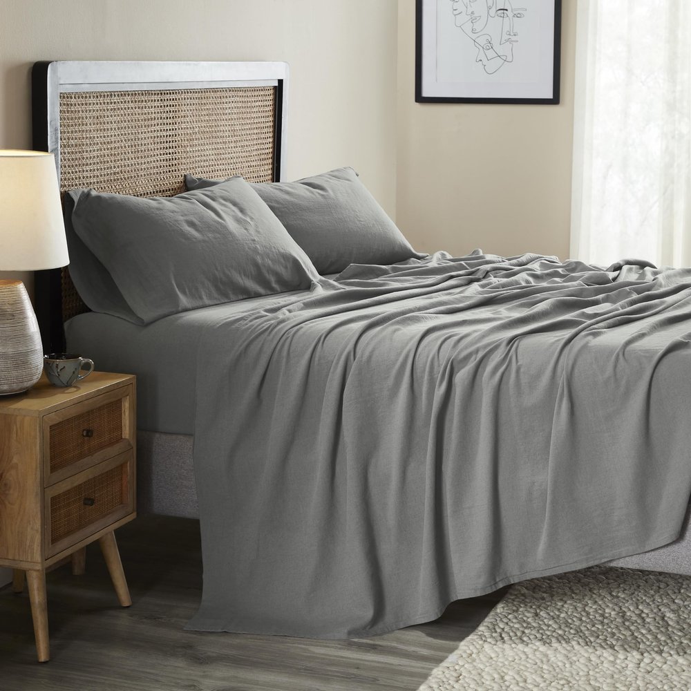 Superior Cotton Linen Blend Sheet Set, Bedsheets for Home Decor, Modern Solid Bedding Includes 1 Oversized Fitted Sheet, 1 Flat Sheet, 2 Pillowcases, Bedroom Essentials, Queen Size, Charcoal