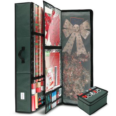 Hearth & Harbor Holiday Storage with Extra 2 PC of Christmas Storage Bins and Ribbon Storage Organizer - Fade Resistant Wrapping Paper Storage Containers with Wheels Fits Up to 30 Rolls of 40" Length