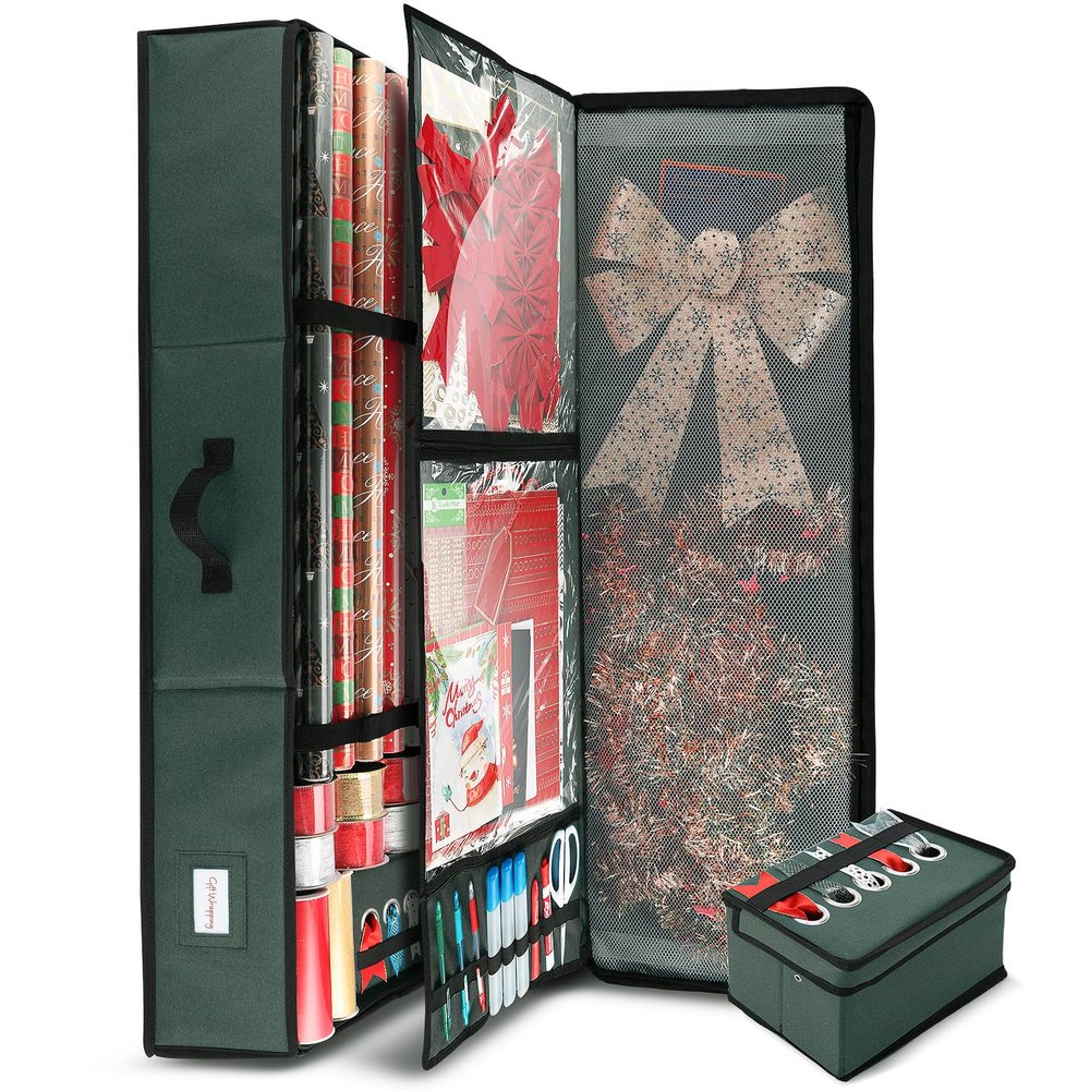 Hearth & Harbor Holiday Storage with Extra 2 PC of Christmas Storage Bins and Ribbon Storage Organizer - Fade Resistant Wrapping Paper Storage Containers with Wheels Fits Up to 30 Rolls of 40" Length