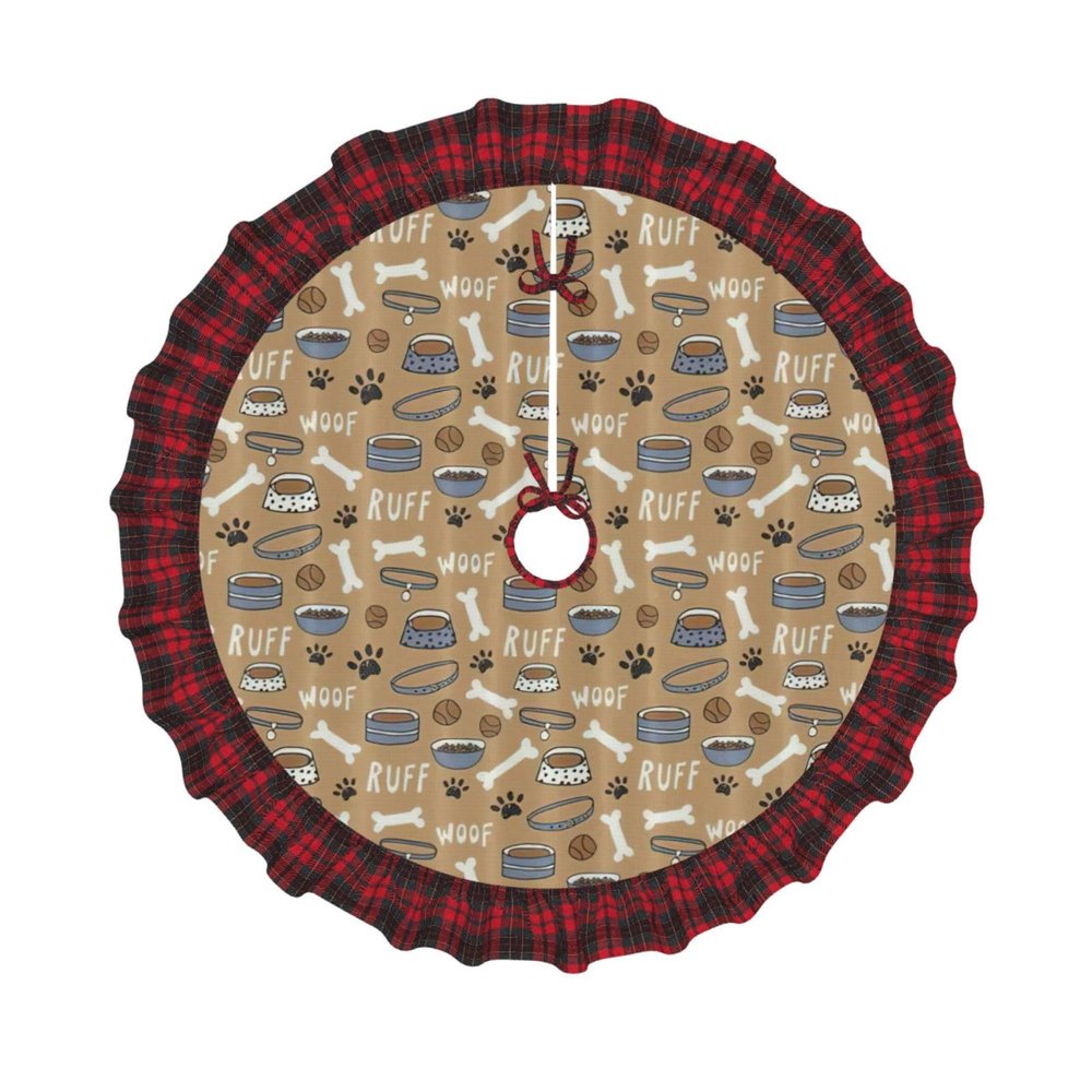 Cute Dog Bone Bowl Woof Paw Christmas Plaid Tree Skirt for Xmas Holiday Party Decorations