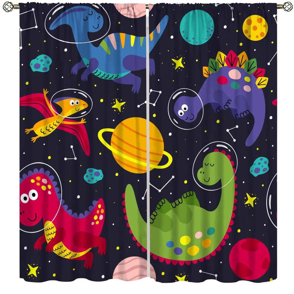 SENRUEGT Dinosaur Kids Room Curtains, Cartoon Universe Planet Stars Boys Girls Toddler Bedroom Living Room Bathroom Window Treatments Drapes 52" W X 84" L