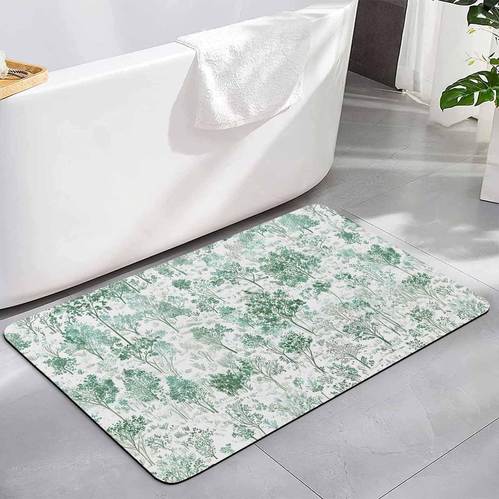 Bath Rugs Bathroom Rug, Green Leaf Country Tree Absorbent Diatomaceous Earth Bath Mat Quick Drying Non-Slip Washable Shower Mat, Watercolor Plants on White Doormat for Bathtub Kitchen 24x36in