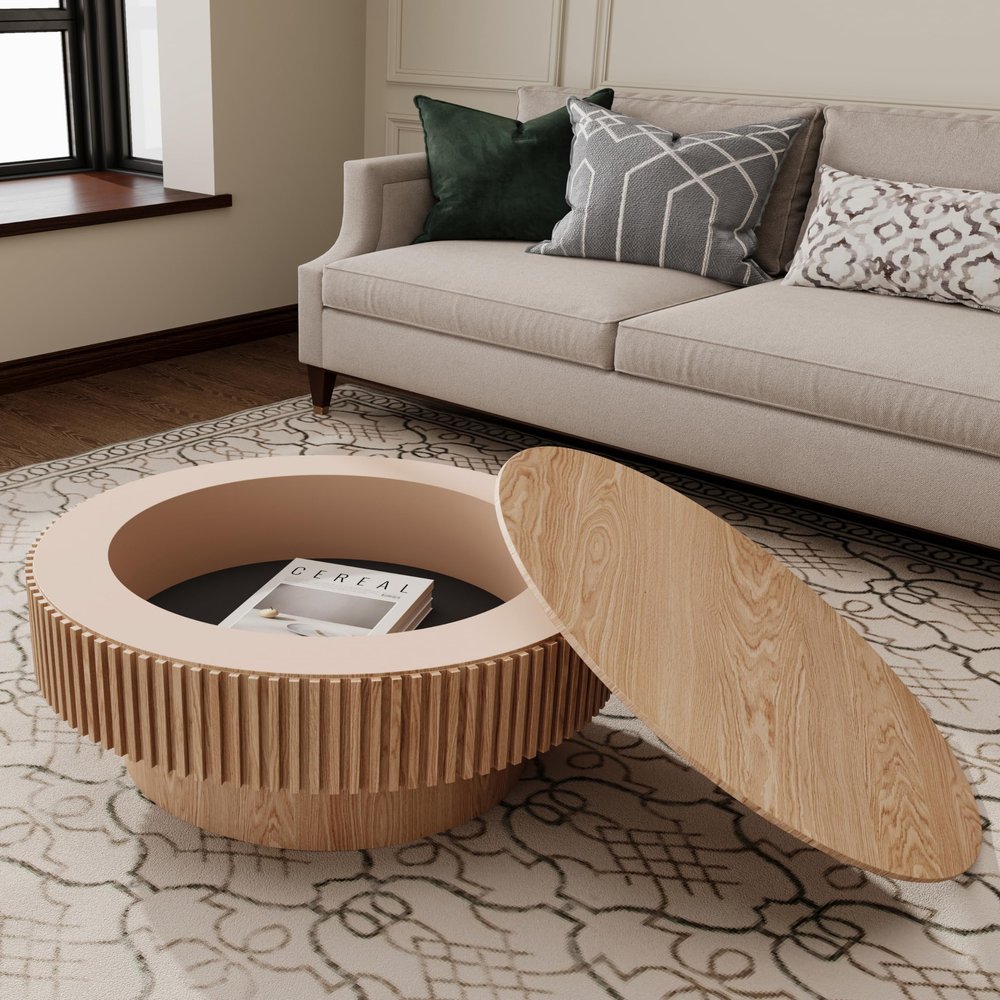 31.5'' Round Coffee Table for Living Room, Solid Wood Veneered Modern Nesting Coffee Tables with Storage, Circle Fluted Drum End Side Accent Tea Table for Apartment Office, Natural Wood