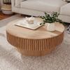 31.5'' Round Coffee Table for Living Room, Solid Wood Veneered Modern Nesting Coffee Tables with Storage, Circle Fluted Drum End Side Accent Tea Table for Apartment Office, Natural Wood view 3