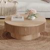 31.5'' Round Coffee Table for Living Room, Solid Wood Veneered Modern Nesting Coffee Tables with Storage, Circle Fluted Drum End Side Accent Tea Table for Apartment Office, Natural Wood view 4