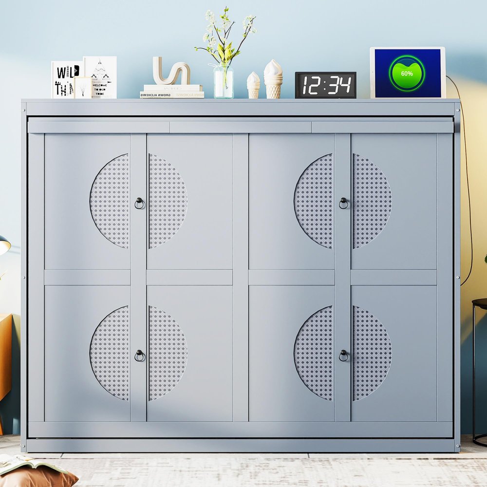 Brabrety Queen Size Murphy Bed Wall Bed with Built-in Charging Station and Flexible Slats,for Small Spaces Apartments Studio Use (Gray@USB/, Queen)