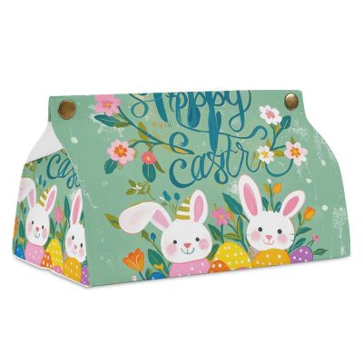 Tissue Box Cover Holder PU Leather Tissue Box Cover Spring Happy Easter Holiday Printed Decorative Organizer for Vanity Counter Top Night Stands Living Room Office Desk and Car