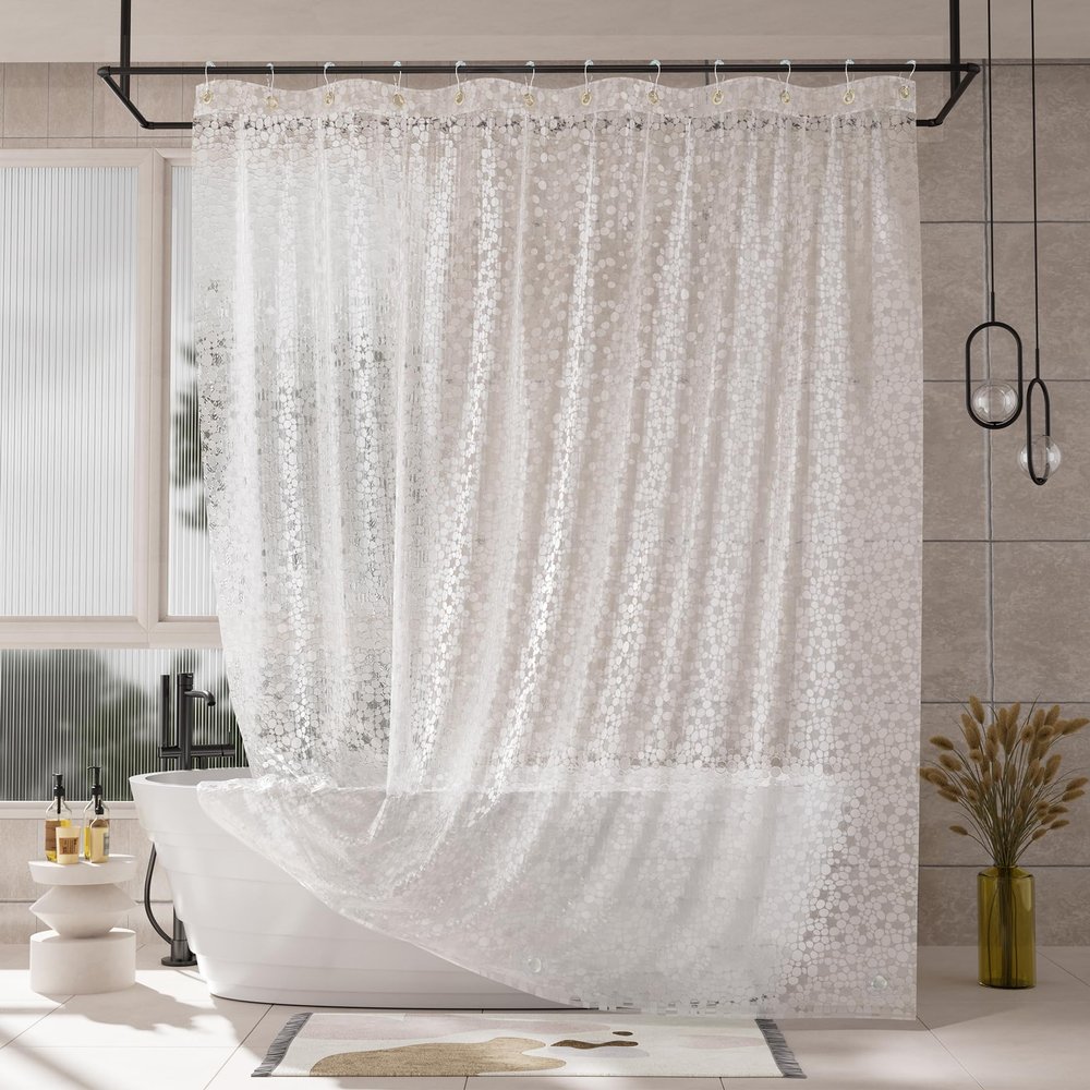 AmazerBath Heavy Duty Shower Curtain Liner, 100% EVA Clear Shower Curtain and Liner 2-in-1, 72x72 Luxury Plastic Weighted Bathroom Cobble Shower Liner, 12 Rustproof Grommets & 3 Heavyweight Stones