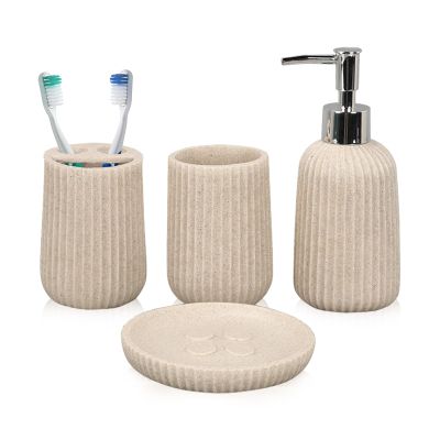 Tefola Beige Bathroom Accessories Set, 4 Pcs Resin Gift Set Apartment Necessities with Soap Dispenser,Toothbrush Holder,Bathroom Tumbler,Soap Dish for Vanity Countertop Accessories