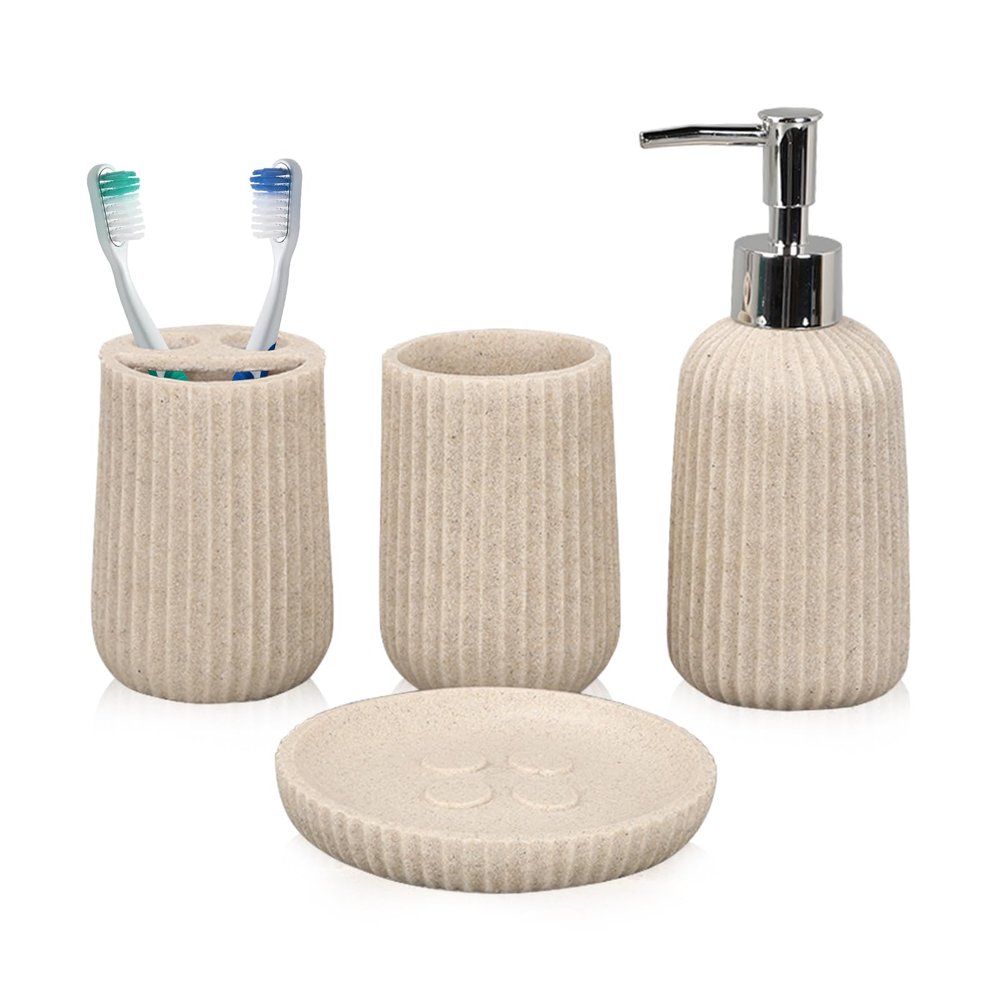 Tefola Beige Bathroom Accessories Set, 4 Pcs Resin Gift Set Apartment Necessities with Soap Dispenser,Toothbrush Holder,Bathroom Tumbler,Soap Dish for Vanity Countertop Accessories