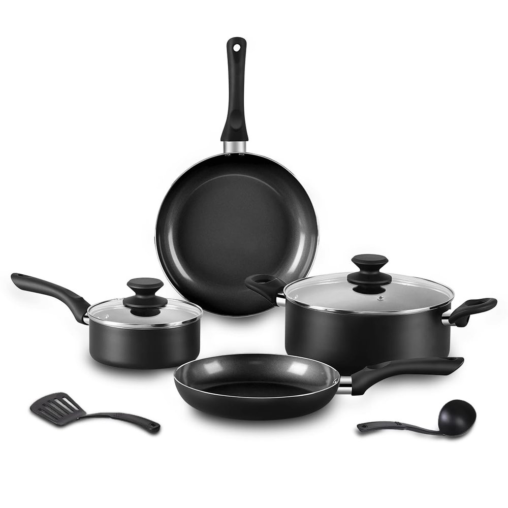 BECIGAR 8pcs Black Ceramic Pots and Pans Set, Cooking Pan Set,Cooking Pot Set Ceramic Pan Set, Nonstick Cookware Set, Induction Safe Kitchen Cooking Set with Frying Pans, Saucepans, shovel and Ladle