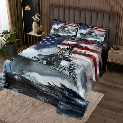 3D Warship Kids Bedspread Queen Size,Navy Army Combat Ship Ocean Waves Coverlet Set,Boys Men Room Decor,American Flag Geometric Stripes Quilted Coverlet,Blue Grey Bedding Quilt,2 Pillowcases