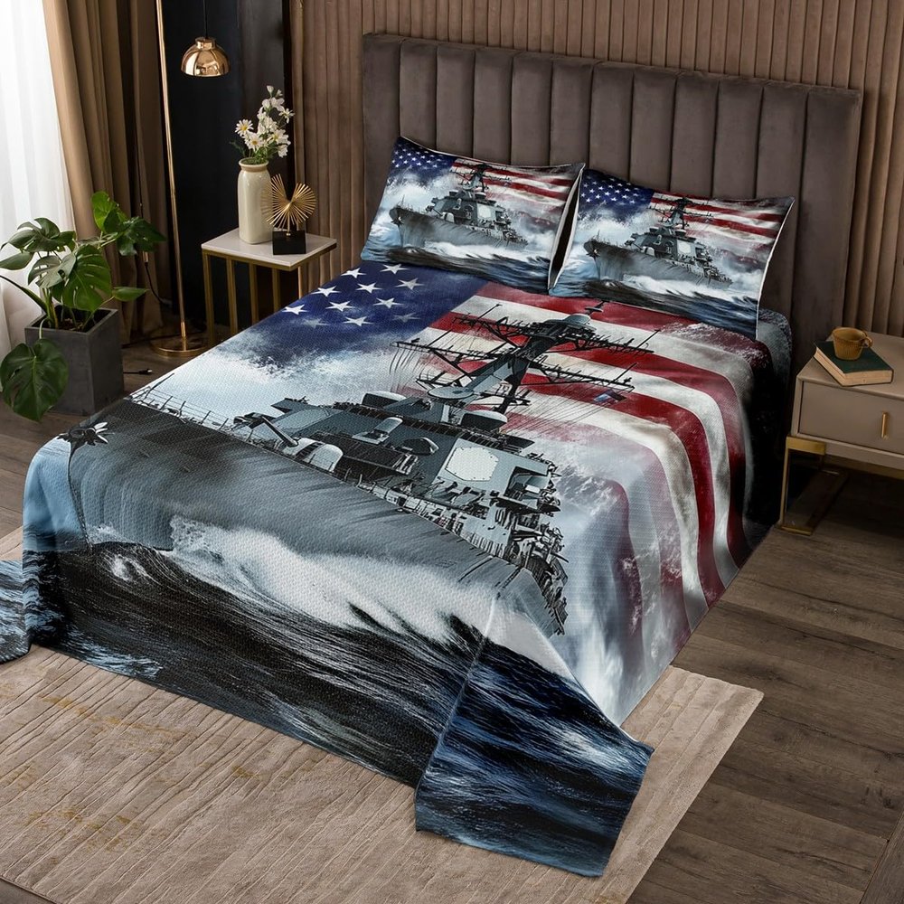 3D Warship Kids Bedspread Queen Size,Navy Army Combat Ship Ocean Waves Coverlet Set,Boys Men Room Decor,American Flag Geometric Stripes Quilted Coverlet,Blue Grey Bedding Quilt,2 Pillowcases