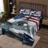 3D Warship Kids Bedspread Queen Size,Navy Army Combat Ship Ocean Waves Coverlet Set,Boys Men Room Decor,American Flag Geometric Stripes Quilted Coverlet,Blue Grey Bedding Quilt,2 Pillowcases view 1