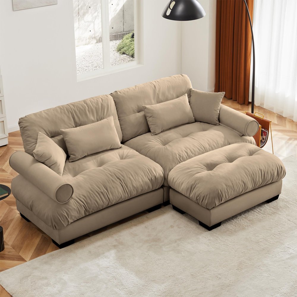 94" Modular Sectional Sofa,Velvet Upholstered Couches for Living Room,3 Seater Camel Sofa Couch with Movable Ottoman,Big Comfy Loveseat Sofa with Deep Seats for Living Room,Apartment,Bedroom