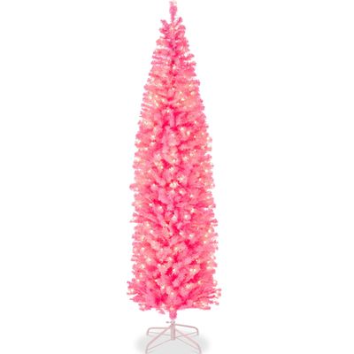 Best Choice Products Pre-Lit Pink Pencil Christmas Tree, 9ft Slim Lighted Artificial Dcor w/Incandescent White Lights, Skinny Tree, Metal Base