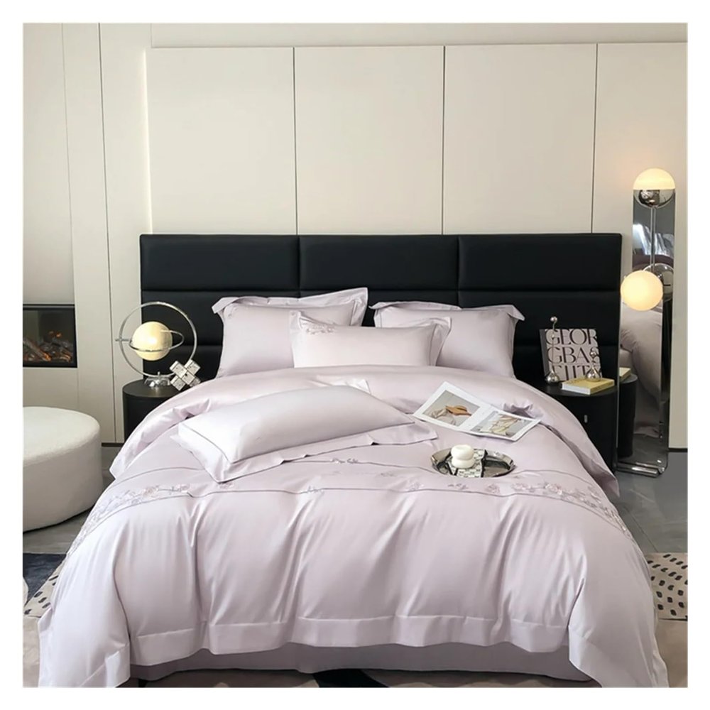 Pale Mauve Flowers European Embroidery 1000TC Bedding Set Egyptian Cotton Duvet Cover Set Queen King Size Bedlinens,Bed