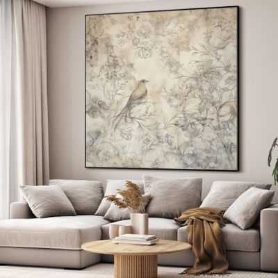 36"x36" Large Framed Wall Art - Decor Floral Sketch Delicate Bird (Frame Assembly Required)