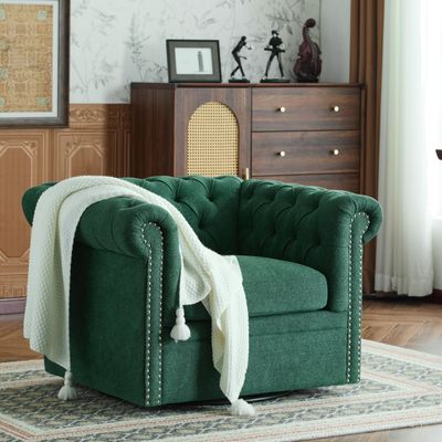 Christopher Knight Home Oakley Chesterfield Fabric Upholstered Club Chair, Button-Tufted 360 Swivel Sofa, Scrolled Arm Living Room Sofa, No Assembly Required Furniture, Dark Green