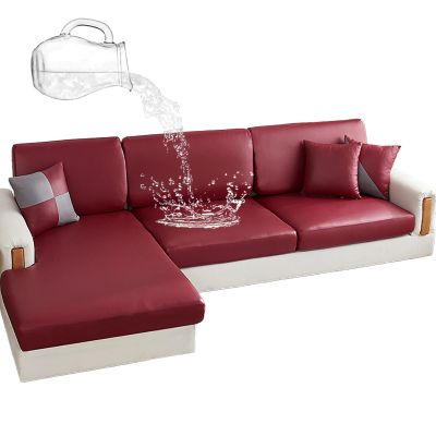 CLGTY Waterproof Couch Cushion Covers for Sofa, PU Leather L-Shaped Seat Cushion Cover Individual Separate Sectional Sofa Slipcovers Form Fitted for Cat Dog-Wine red-Large 2 Seater