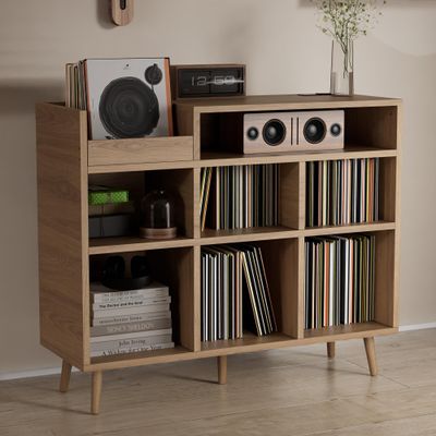 Record Player Stand, Turntable Shelf with Vinyl Storage up to 500 Albums, Vinyl Record Holder Shelf with Power Outlet Sideboard Buffet Cabinet with Storage Accent Cabinets for Living Room (Brown)