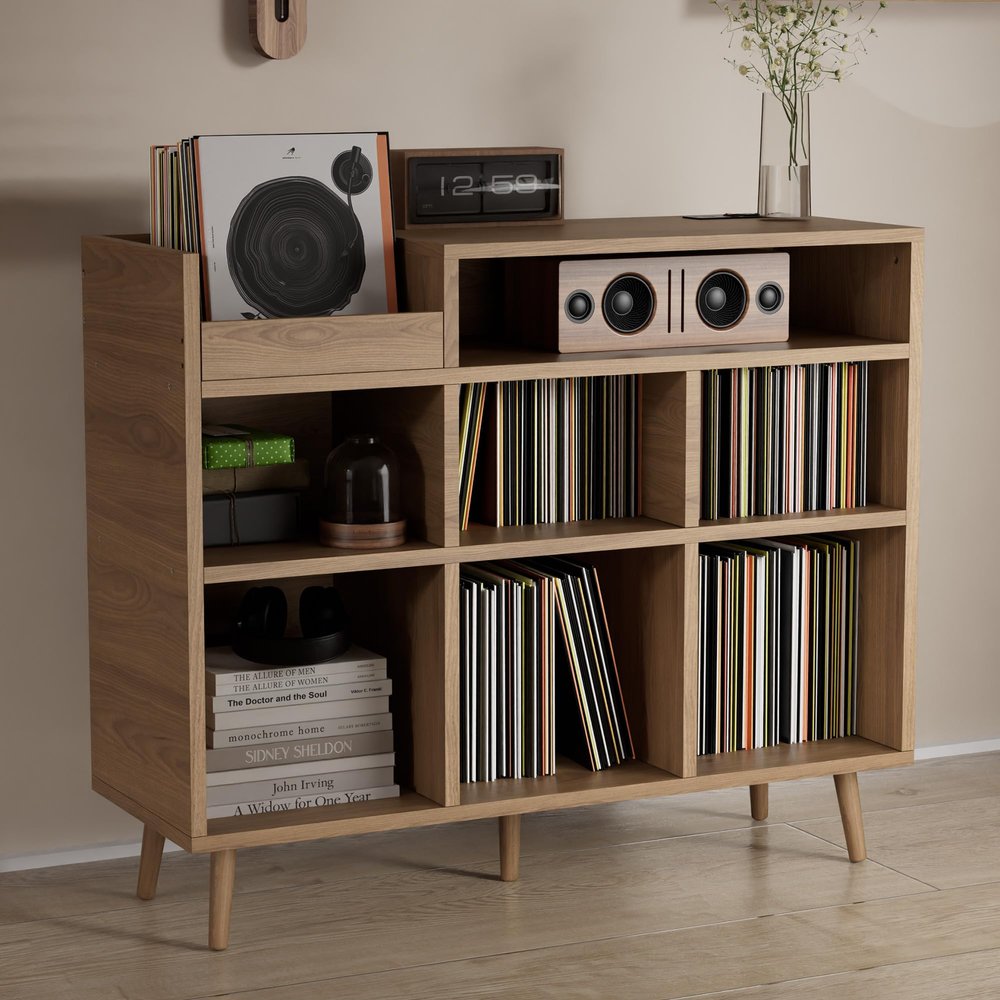 Record Player Stand, Turntable Shelf with Vinyl Storage up to 500 Albums, Vinyl Record Holder Shelf with Power Outlet Sideboard Buffet Cabinet with Storage Accent Cabinets for Living Room (Brown)