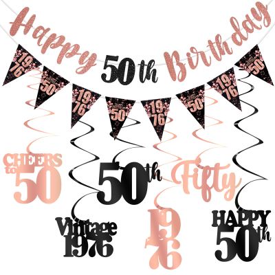 50th Birthday Decorations for Women, Black Rose Gold Happy 50th Birthday Banner Hanging Swirls Vintage 1976 Birthday Decorations Kit Cheers to 50 Birthday Party Supplies