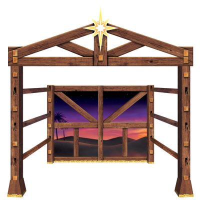 Beistle Nativity Scene Photo Prop Stand-Up, Large Corrugated Cardboard Manger Scene Backdrop with Star, Indoor Biblical Christmas Decoration, 8' 3.5" x 8' 3.25"